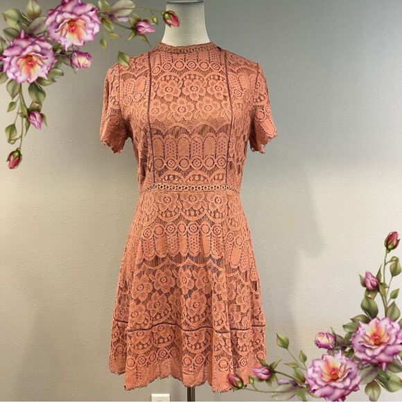 Elegant Short Sleeve Lace Mini Dress in Pale Peach color - Picture 1 of 14